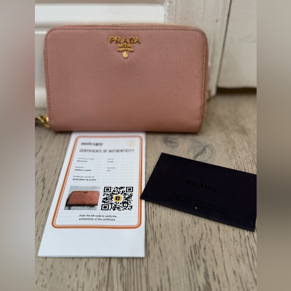PRADA Saffiano Leather Zip Around Wallet Powder Pink & Gold COA & Receipt 6x4